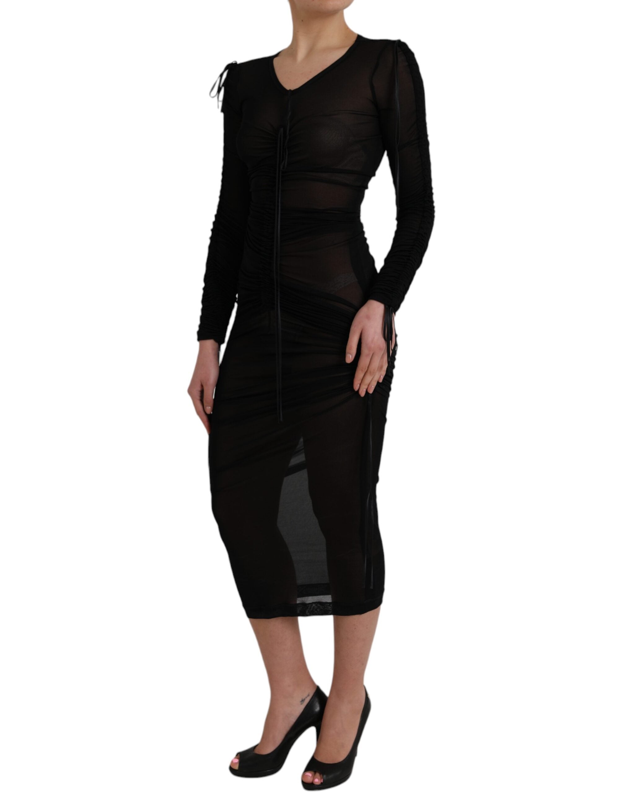 Black sheer bodycon sheath midi dress by Dolce & Gabbana, featuring a fitted silhouette and elegant design.