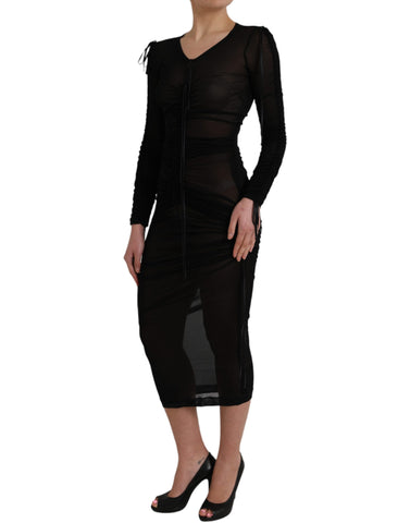 Black sheer bodycon sheath midi dress by Dolce & Gabbana, featuring a fitted silhouette and elegant design.