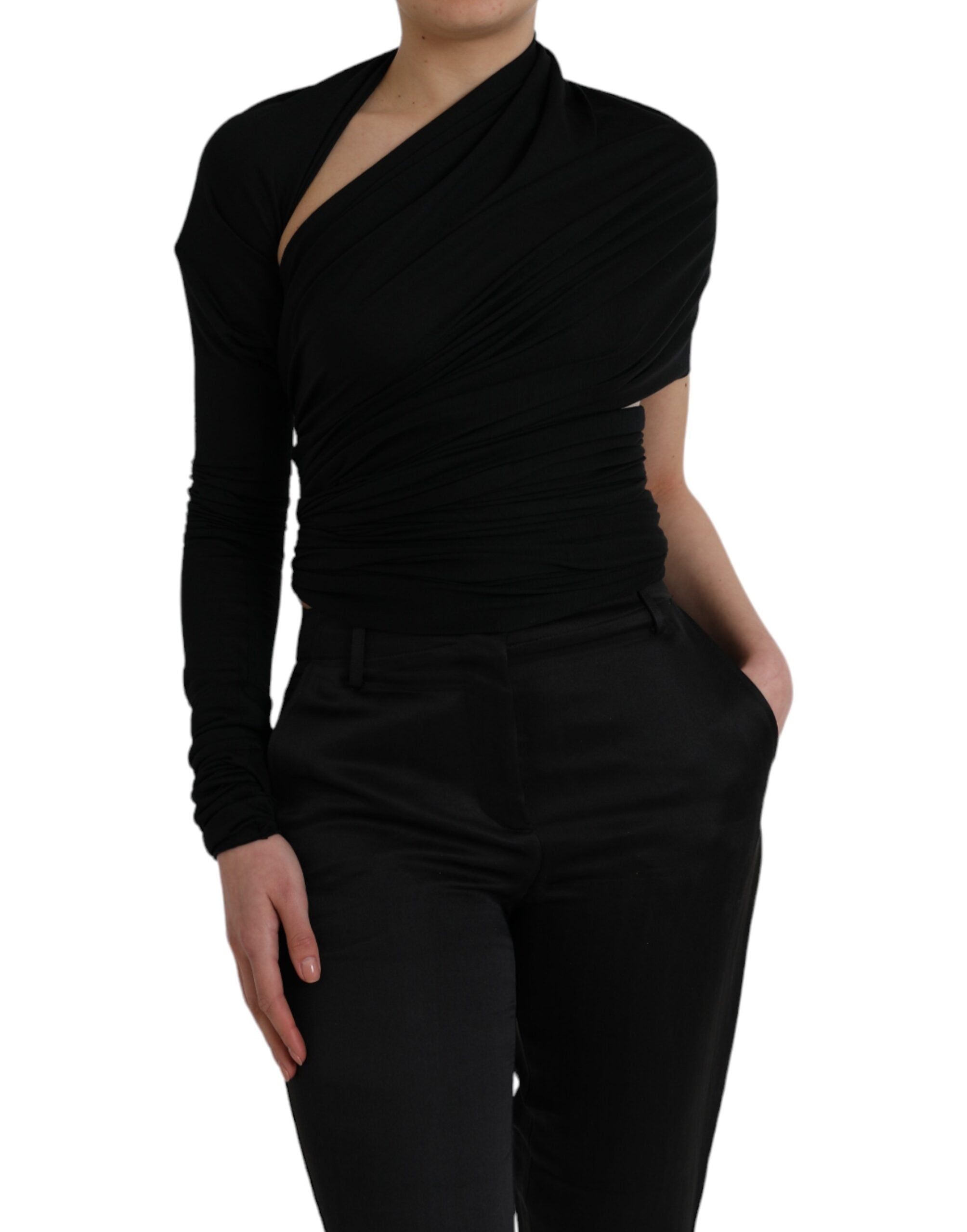 Dolce & Gabbana black wool asymmetric long sleeve top with cutout design, featuring a stylish and modern silhouette.