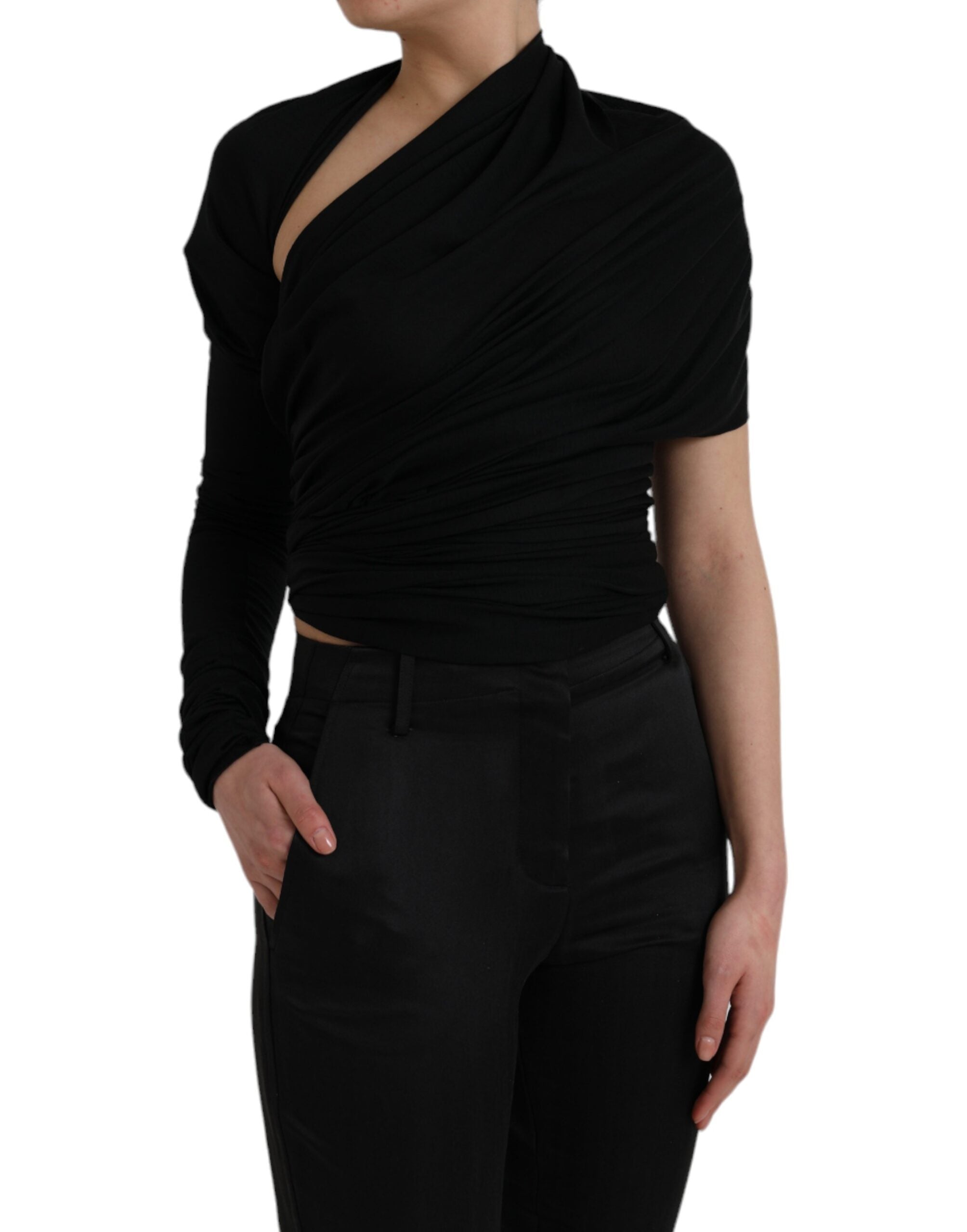 Dolce & Gabbana black wool long sleeve top with asymmetric cutout design and stylish detailing.