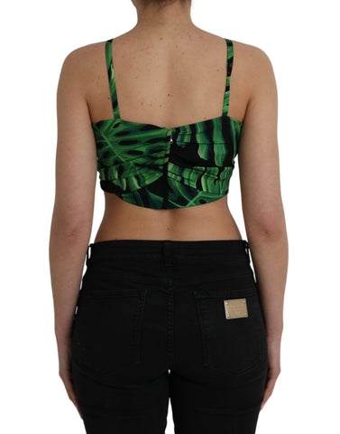 Black green leaf silk halter cropped top by Dolce & Gabbana, featuring a stylish halter neckline and botanical leaf print.