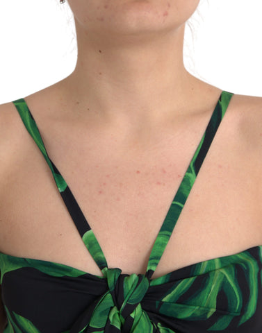 Black green leaf silk halter cropped top by Dolce & Gabbana, featuring a stylish halter neckline and leafy pattern.