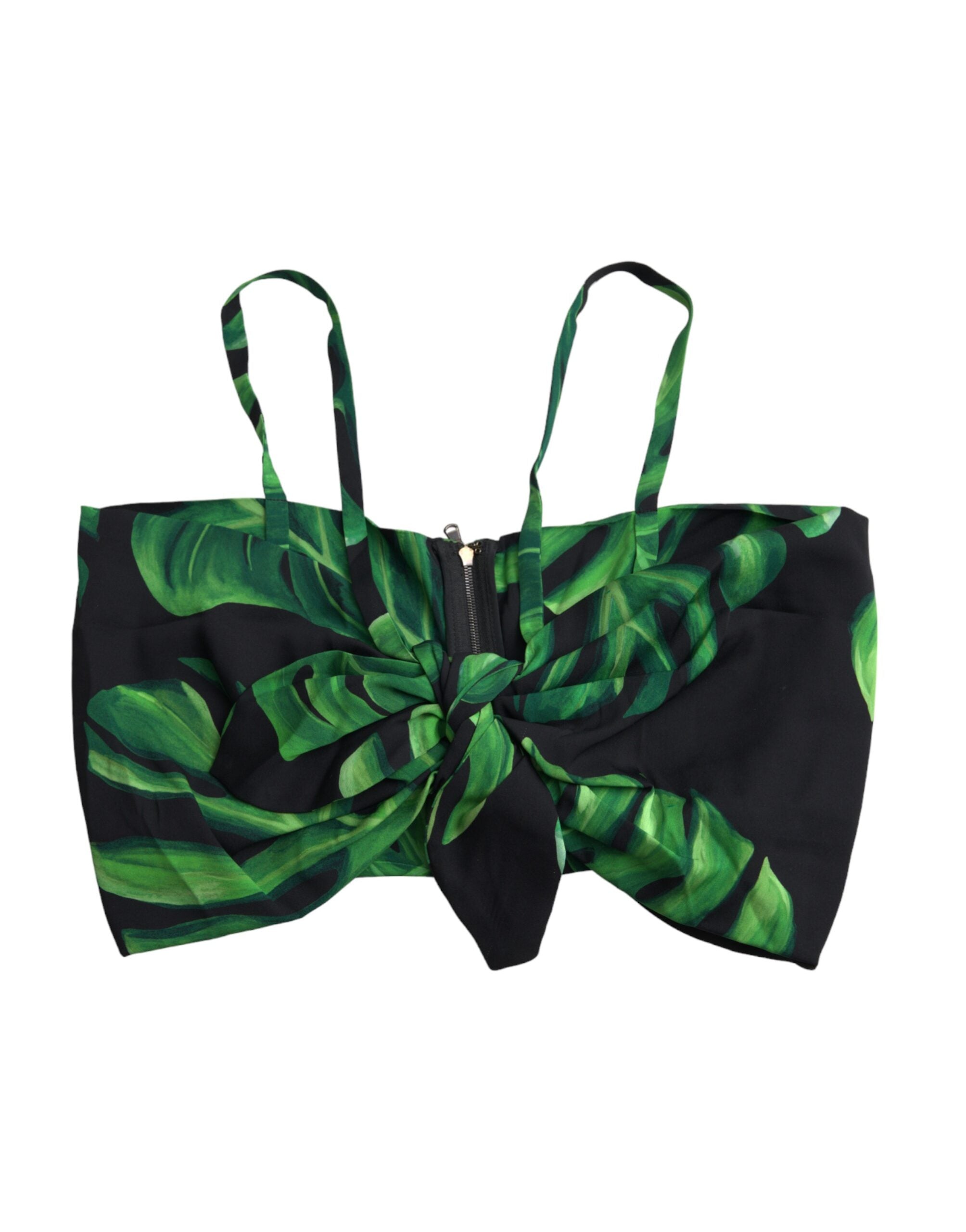 Black and green leaf silk halter cropped top by Dolce & Gabbana, featuring a stylish floral print and halter neckline.