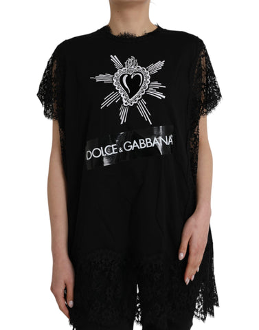 Black cotton lace T-shirt with Sacred Heart print by Dolce & Gabbana, featuring a stylish and intricate design.