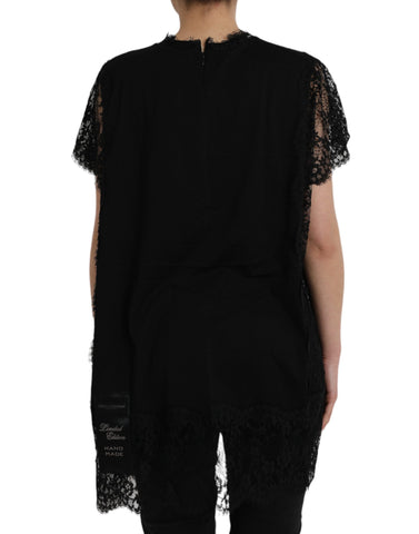 Black Sacred Heart print cotton lace T-shirt by Dolce & Gabbana featuring a detailed sacred heart design on the front.