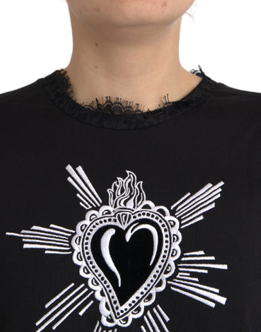 Black Dolce & Gabbana Sacred Heart print cotton lace T-shirt with detailed design and soft fabric.