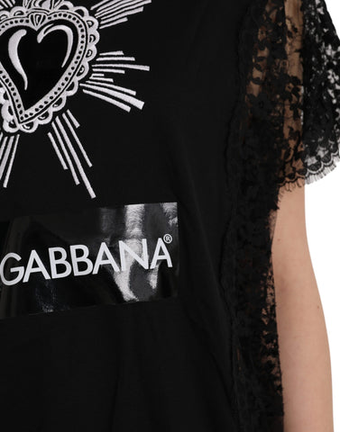 Black Sacred Heart print cotton lace T-shirt by Dolce & Gabbana, featuring lace details and a bold sacred heart graphic.
