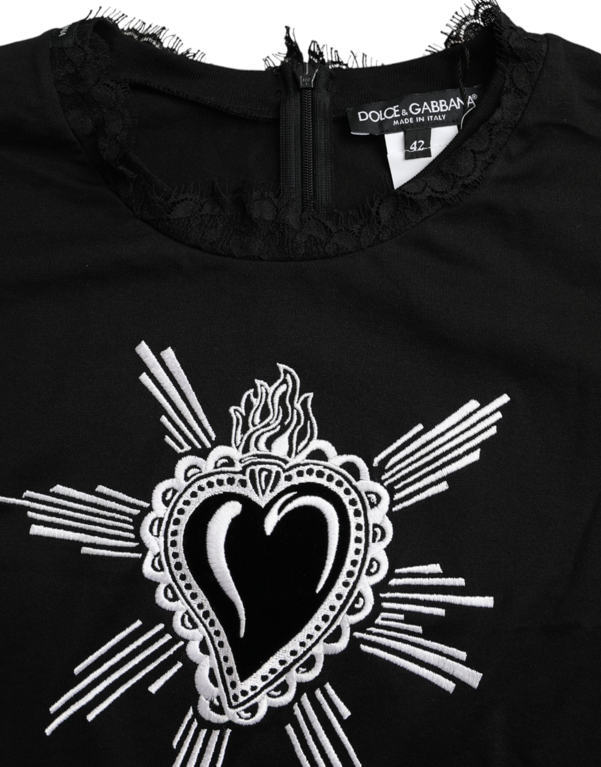 Black Sacred Heart print cotton lace T-shirt by Dolce & Gabbana, showcasing a detailed heart design on soft black fabric.