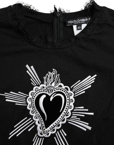 Black Sacred Heart print cotton lace T-shirt by Dolce & Gabbana, showcasing a detailed heart design on soft black fabric.