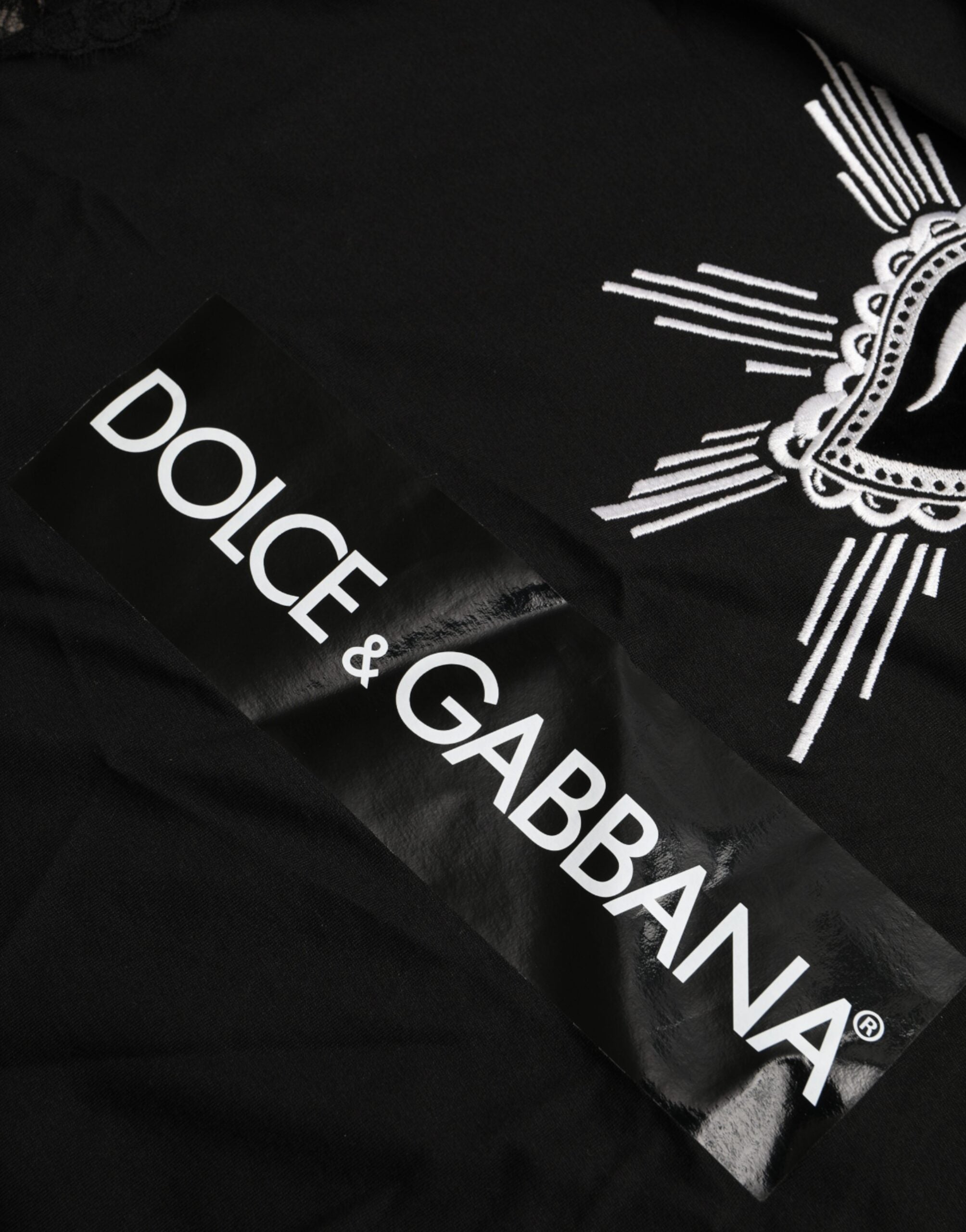 Black Sacred Heart print cotton lace T-shirt by Dolce & Gabbana, featuring intricate lace details and a bold graphic design.
