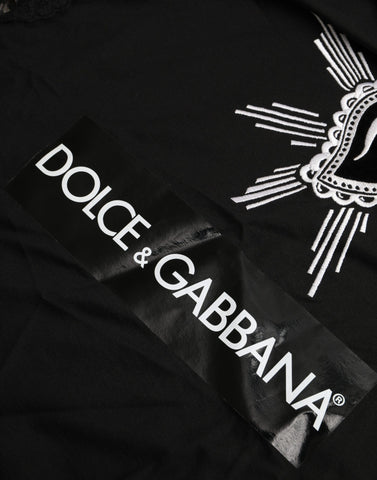 Black Sacred Heart print cotton lace T-shirt by Dolce & Gabbana, featuring intricate lace details and a bold graphic design.