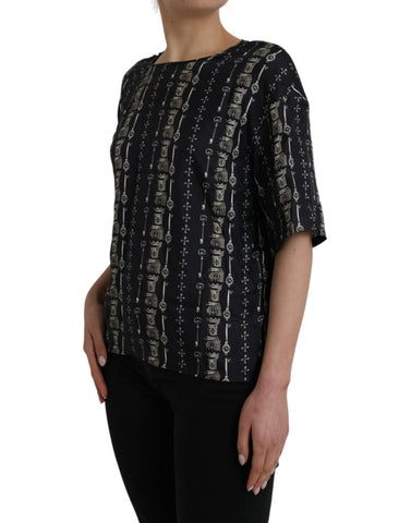 Black silk blouse with castle print and key design, Dolce & Gabbana T-shirt, stylish and elegant top for women.