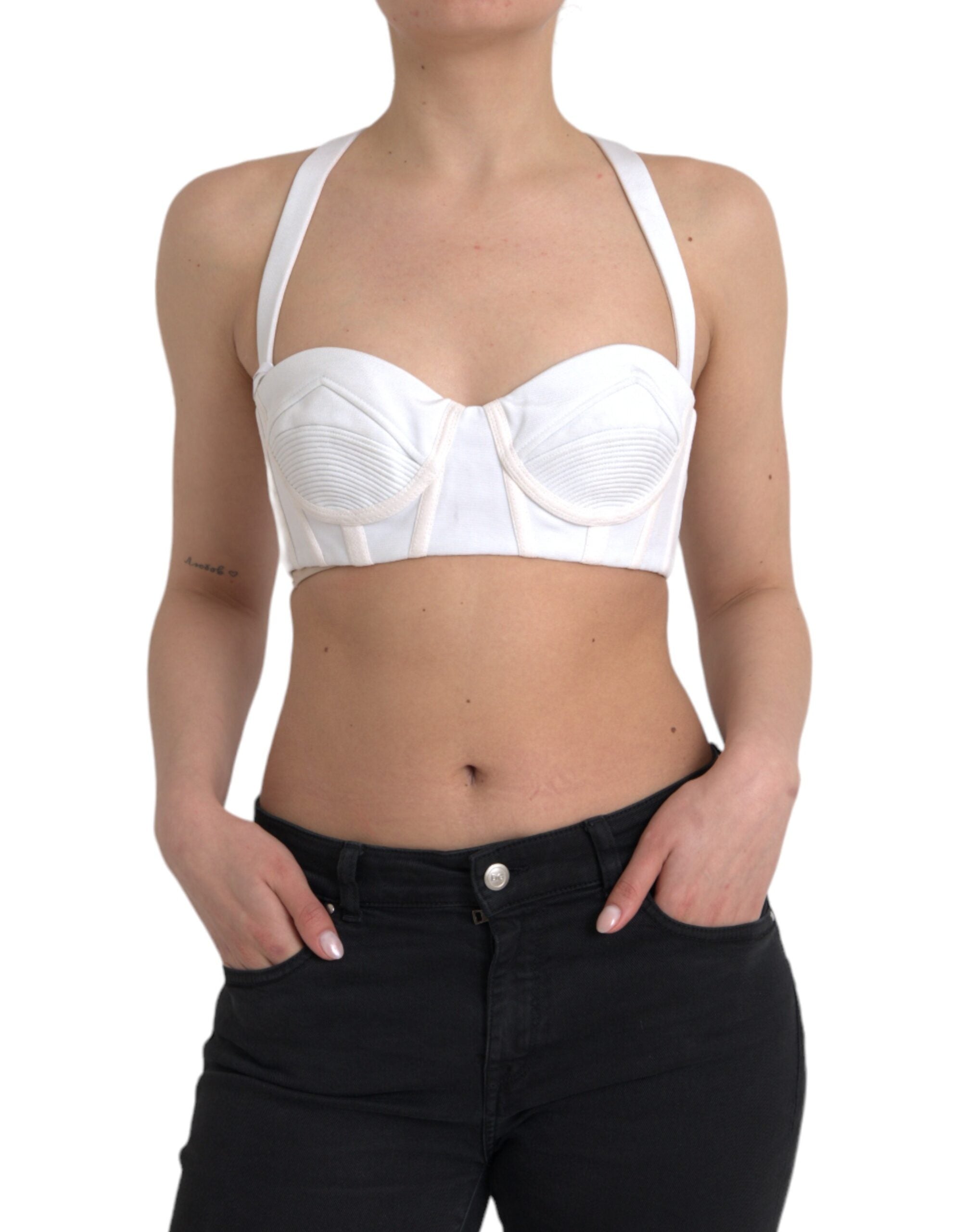 White viscose bustier sleeveless cropped top by Versace displayed on a mannequin with a fitted style and fashionable design.