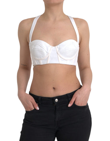 White viscose bustier sleeveless cropped top by Versace displayed on a mannequin with a fitted style and fashionable design.