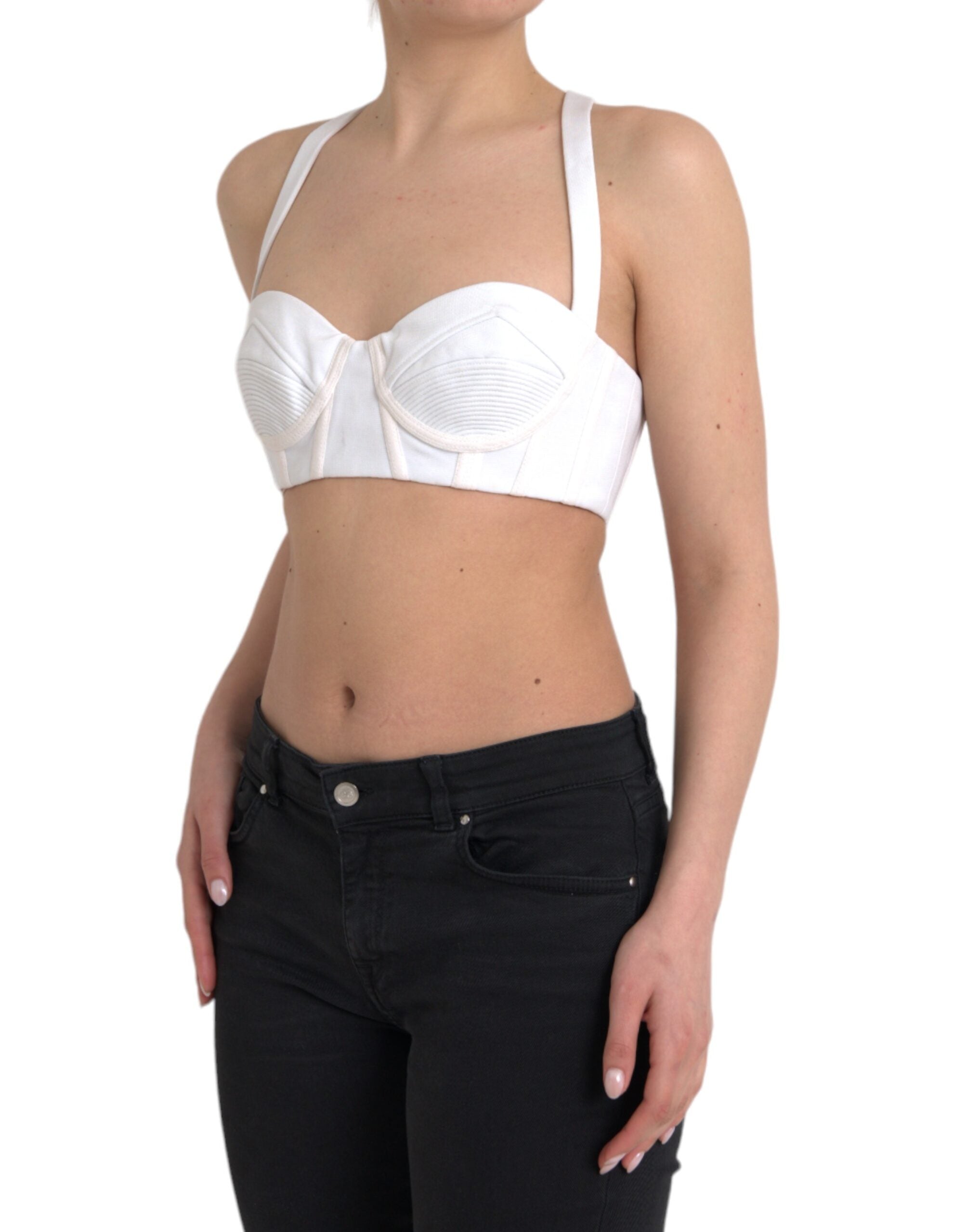 White Versace viscose bustier sleeveless cropped top with fitted design and V-neck, showcasing elegant fashion style.