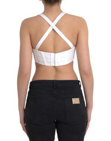 White viscose bustier sleeveless cropped top by Versace, featuring a fitted design with a sleek neckline and stylish detailing.
