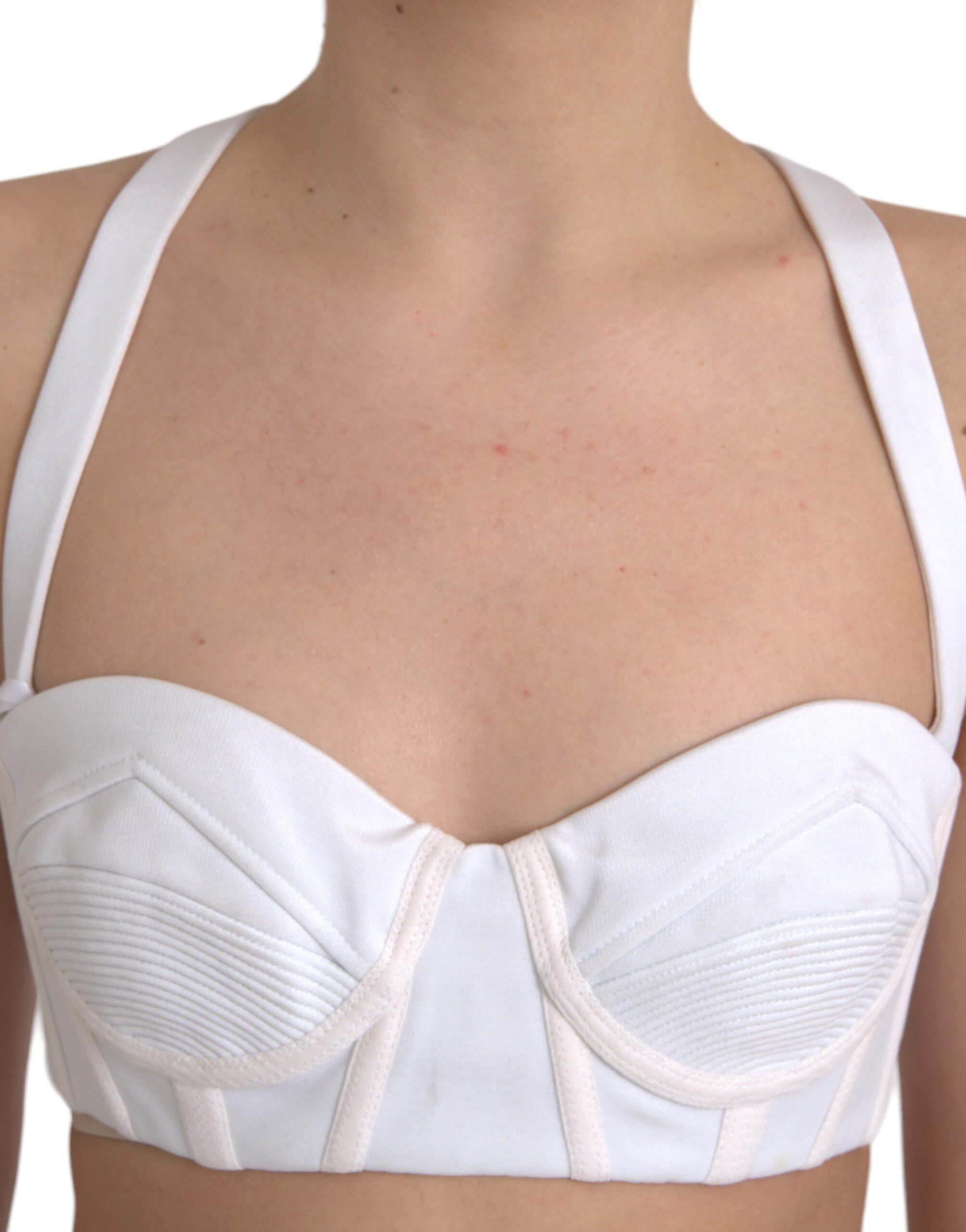 White Versace viscose bustier sleeveless cropped top with fitted style and sleek design.