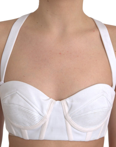 White Versace viscose bustier sleeveless cropped top with fitted style and sleek design.