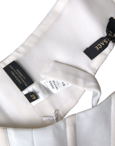 White viscose bustier sleeveless cropped top by Versace, featuring a fitted design and elegant neckline.