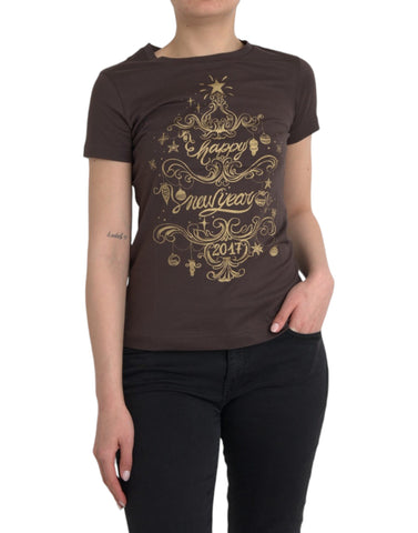 Brown Dolce & Gabbana crewneck T-shirt with 2017 motive print, featuring a casual fit and graphic design on the front.