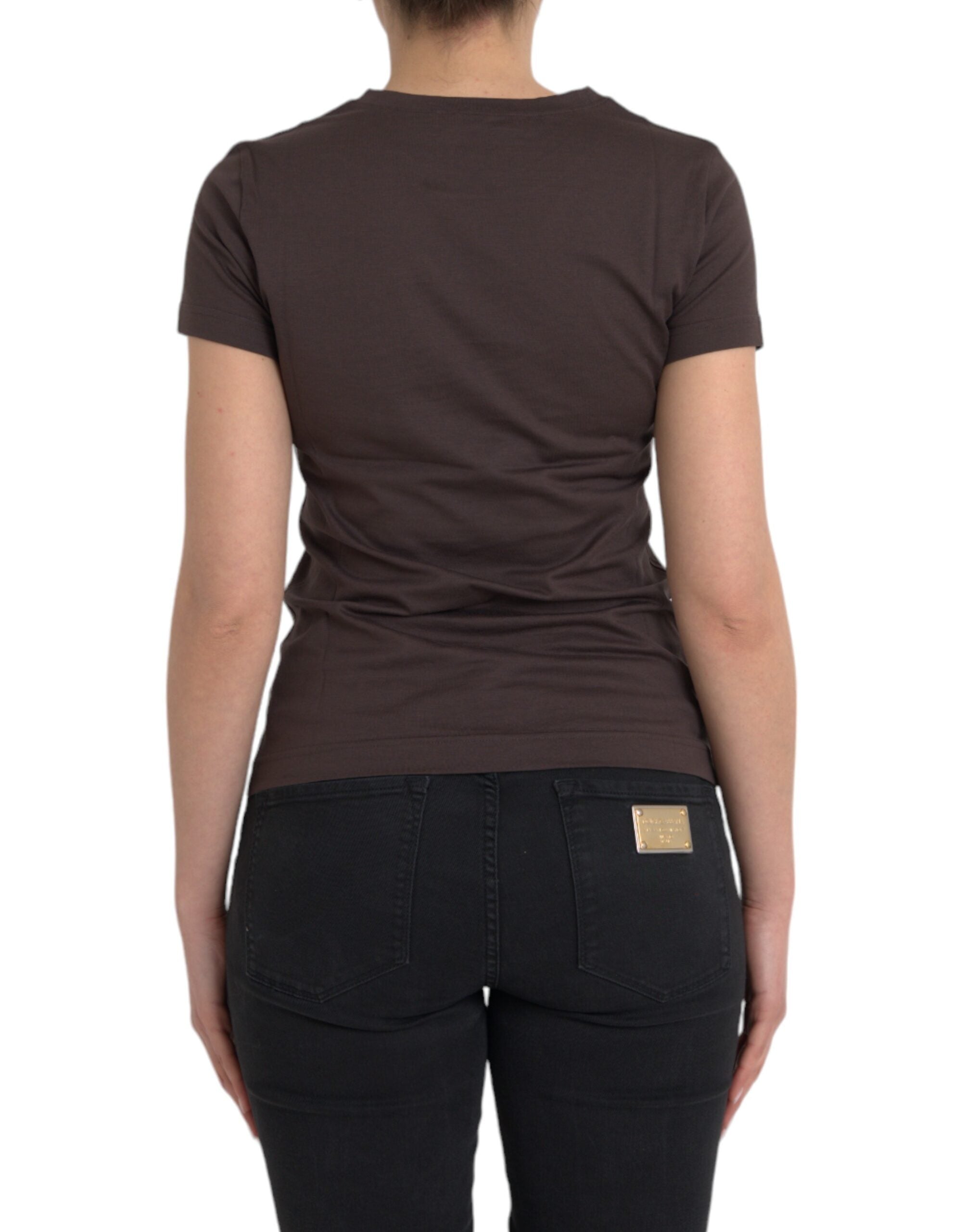 Brown crewneck T-shirt with 2017 motif print by Dolce & Gabbana, showing detailed graphic design on the front.