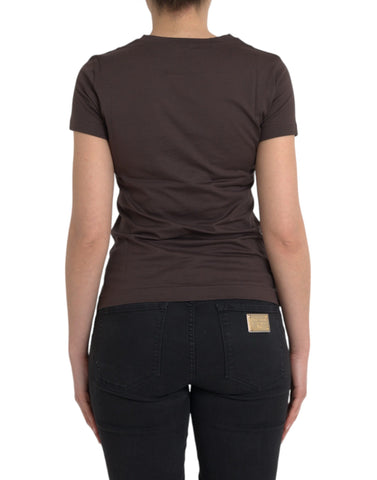 Brown crewneck T-shirt with 2017 motif print by Dolce & Gabbana, showing detailed graphic design on the front.