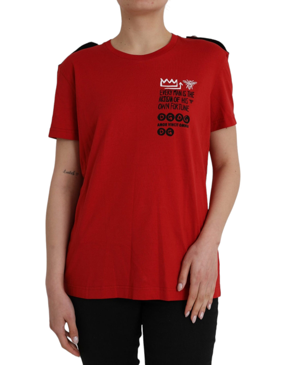 Red cotton graphic print crew neck T-shirt by Dolce & Gabbana with bold design on front.