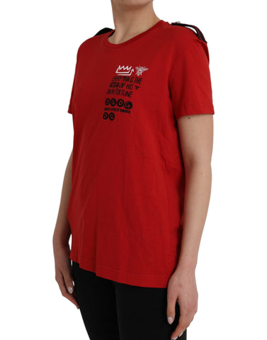 Red cotton graphic print crew neck T-shirt by Dolce & Gabbana, featuring bold design on front, short sleeves, and classic fit.