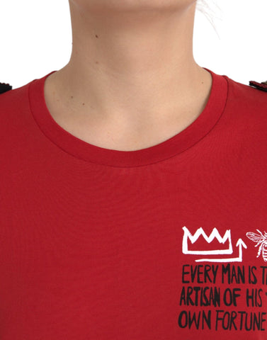 Red cotton graphic print crew neck T-shirt by Dolce & Gabbana, featuring bold artwork on soft fabric.