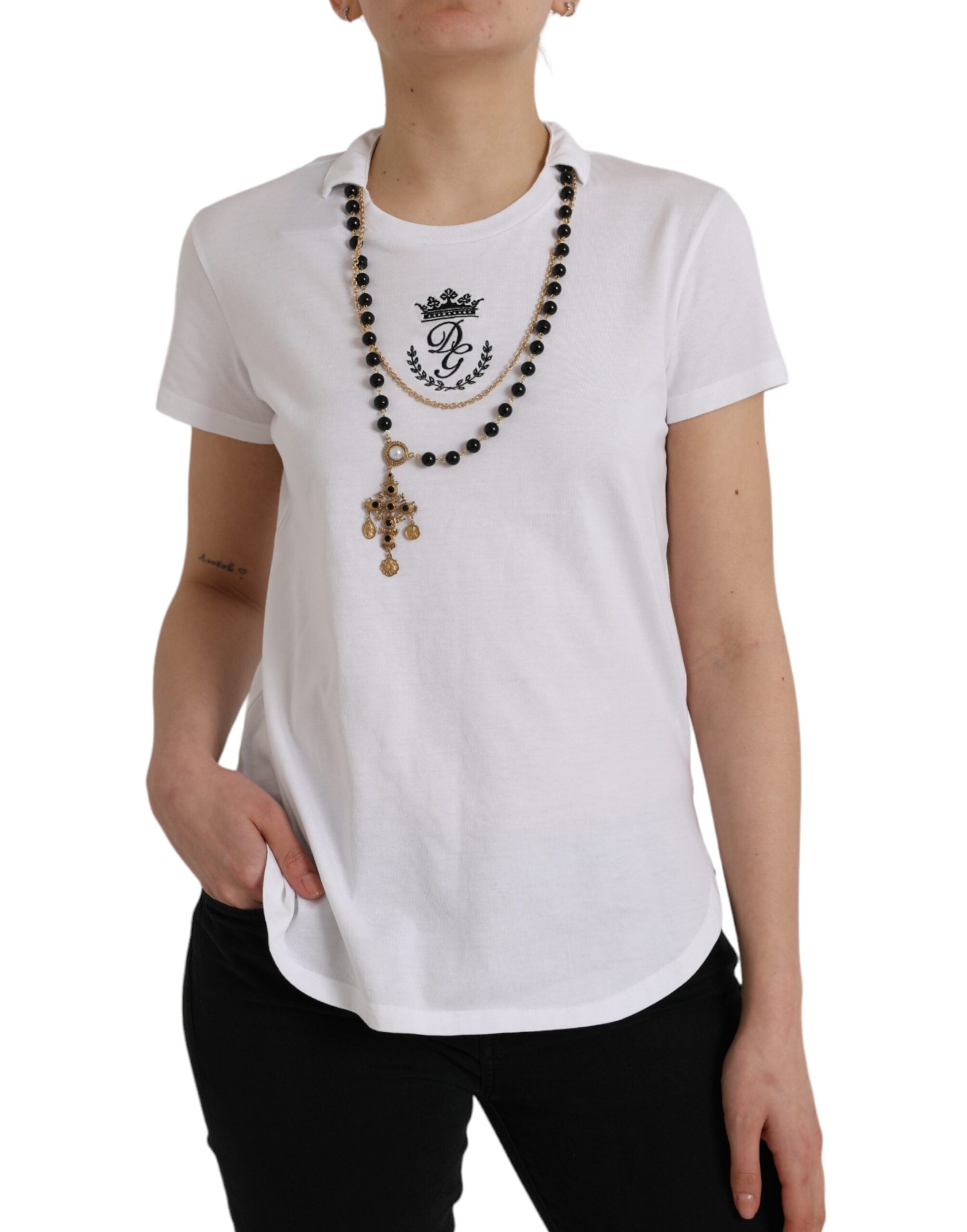 White cotton short sleeve T-shirt with necklace detail from Dolce & Gabbana, casual fit, displayed on a flat surface.