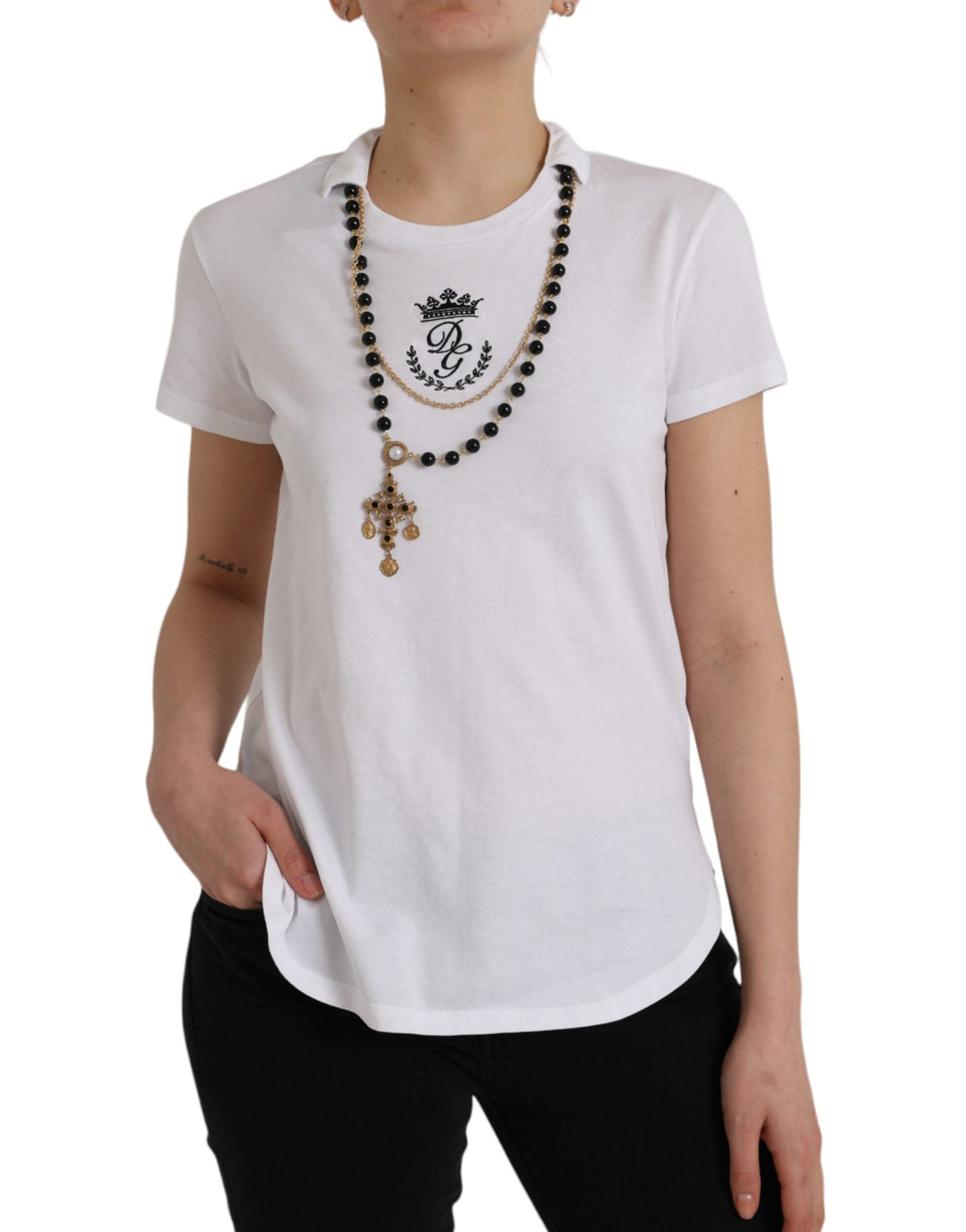 White cotton short sleeve T-shirt with necklace detail from Dolce & Gabbana, casual fit, displayed on a flat surface.