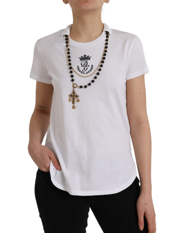 White cotton short sleeve T-shirt with necklace detail from Dolce & Gabbana, casual fit, displayed on a flat surface.