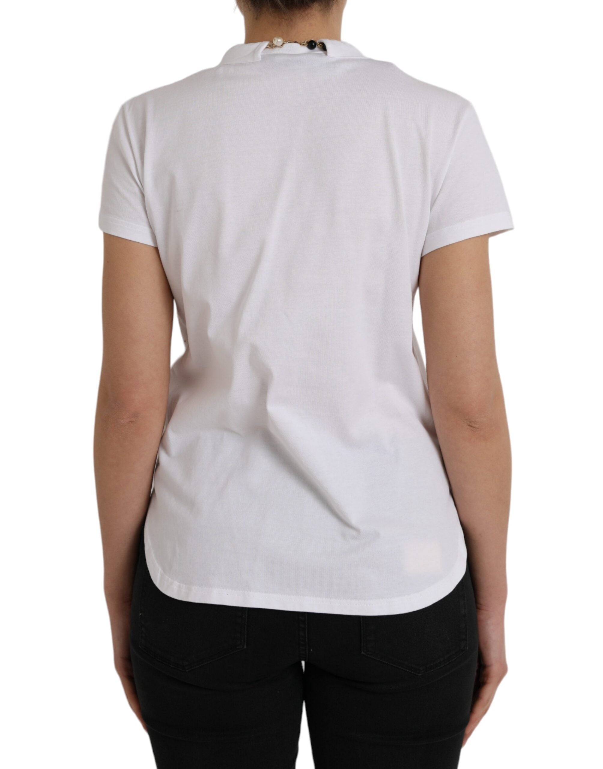White cotton Dolce & Gabbana short-sleeve necklace T-shirt with a round neckline, displayed flat on a white background.
