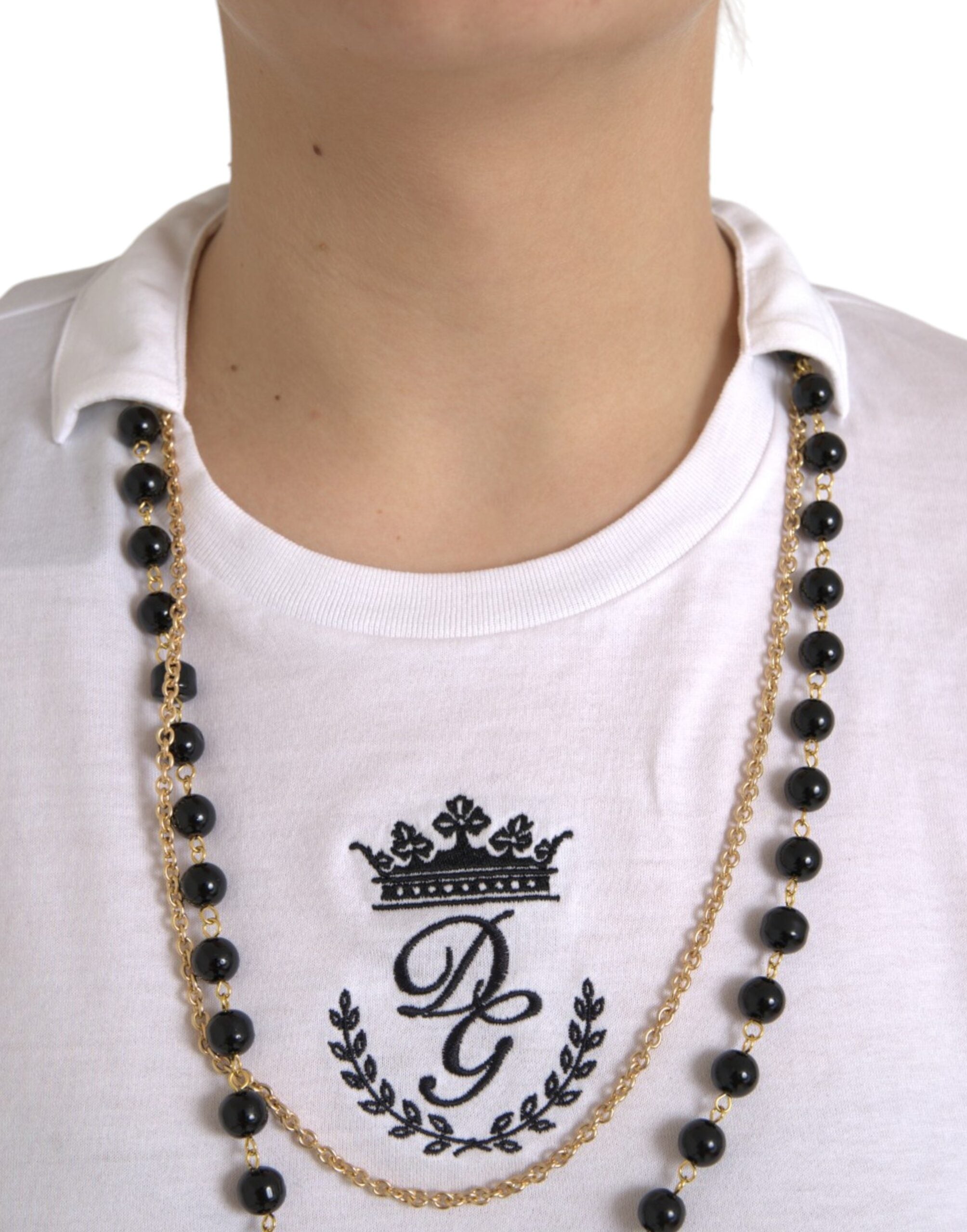 White cotton short-sleeve T-shirt with necklace detail by Dolce & Gabbana, shown on a plain background.