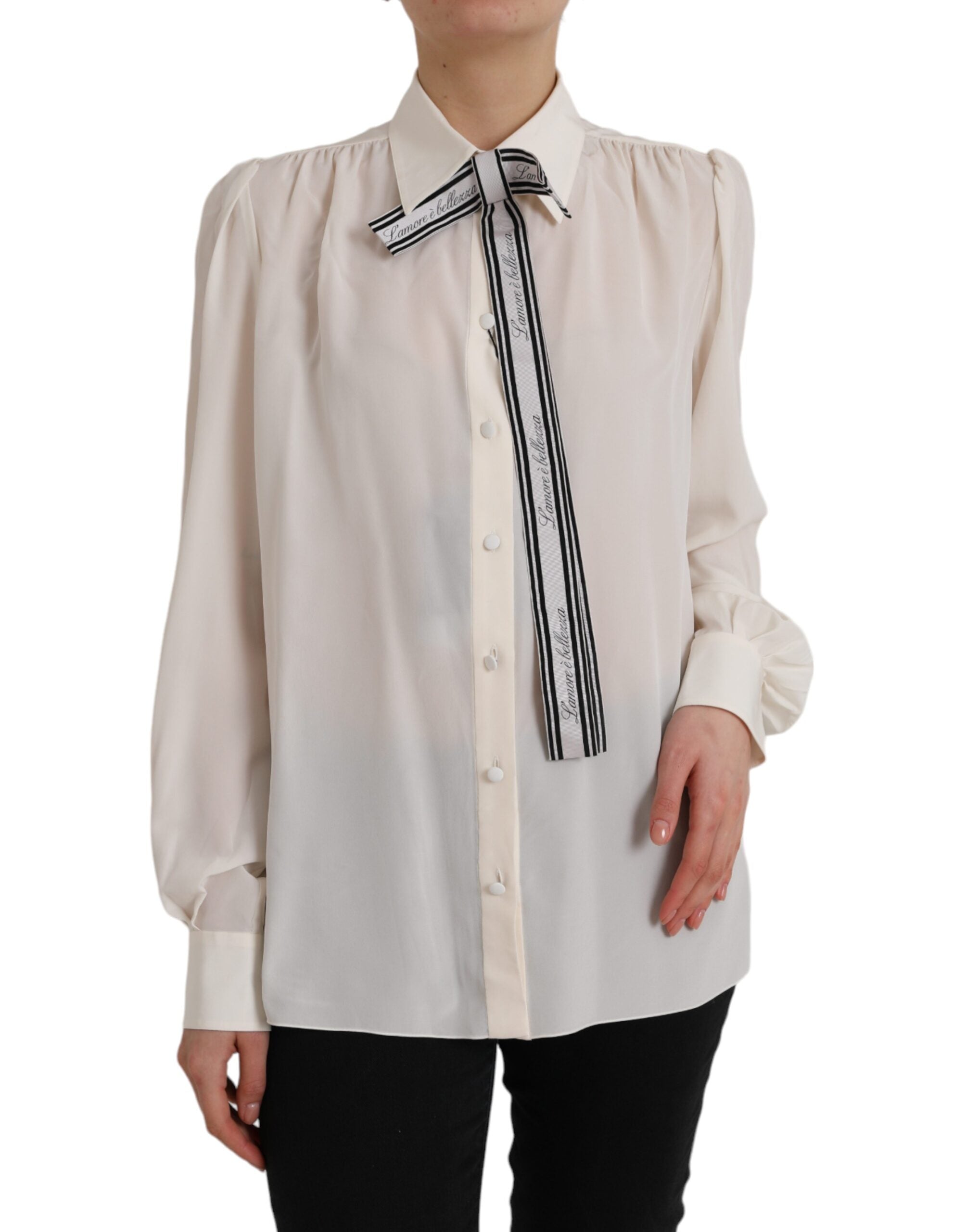 Dolce & Gabbana Off White long sleeve button-down blouse top, stylish women's shirt with classic collar and elegant design.