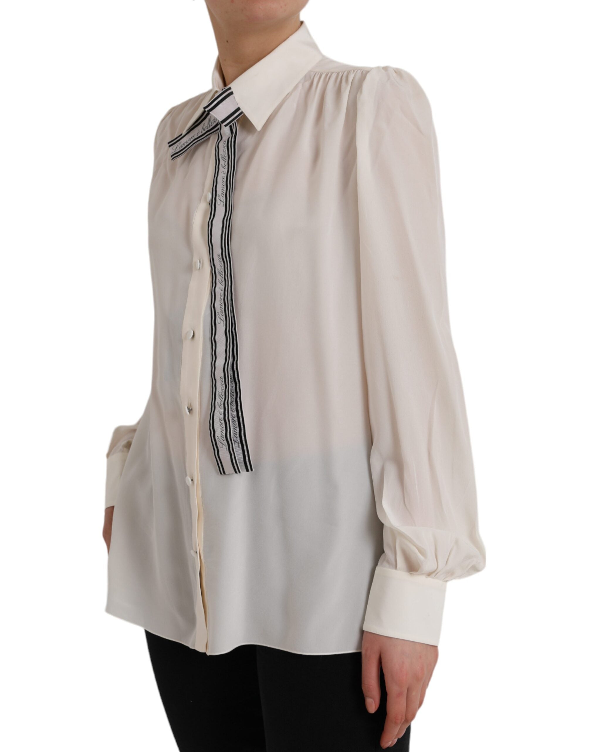 Dolce & Gabbana Off White long sleeve button-down blouse top with classic collar and front buttons, stylish and elegant.