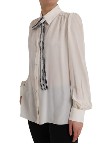 Dolce & Gabbana Off White long sleeve button-down blouse top with classic collar and front buttons, stylish and elegant.