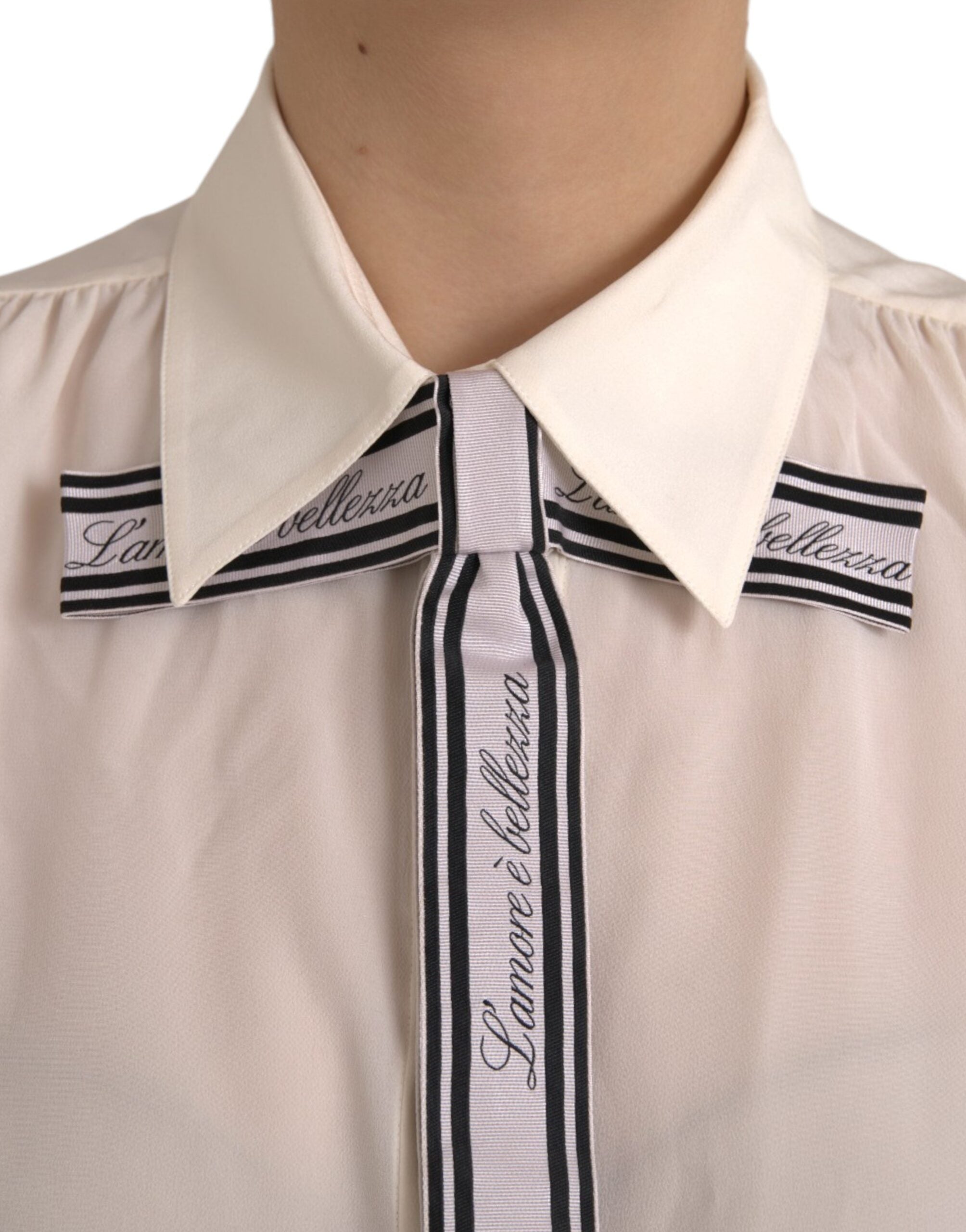 Dolce & Gabbana Off White long sleeve button-down blouse top with classic collar and tailored fit.