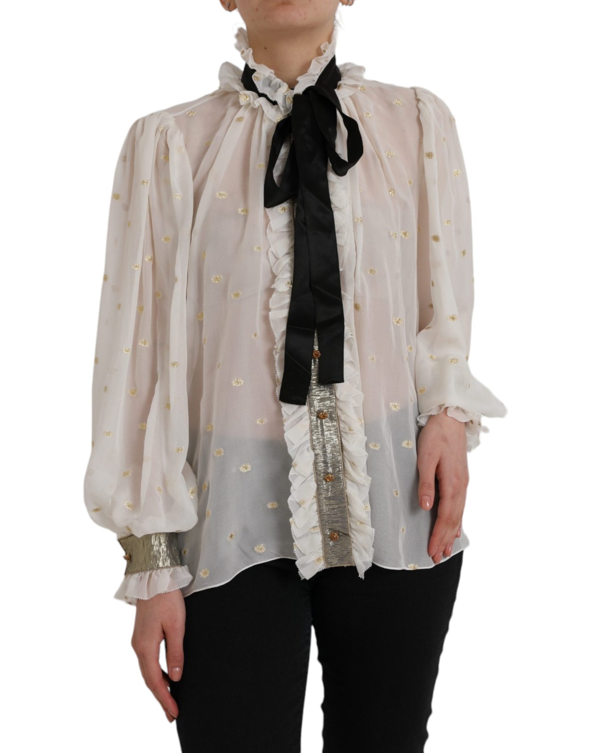 Dolce & Gabbana off white silk blend ascot collar blouse top displayed on a hanger with detailed fabric close-up.