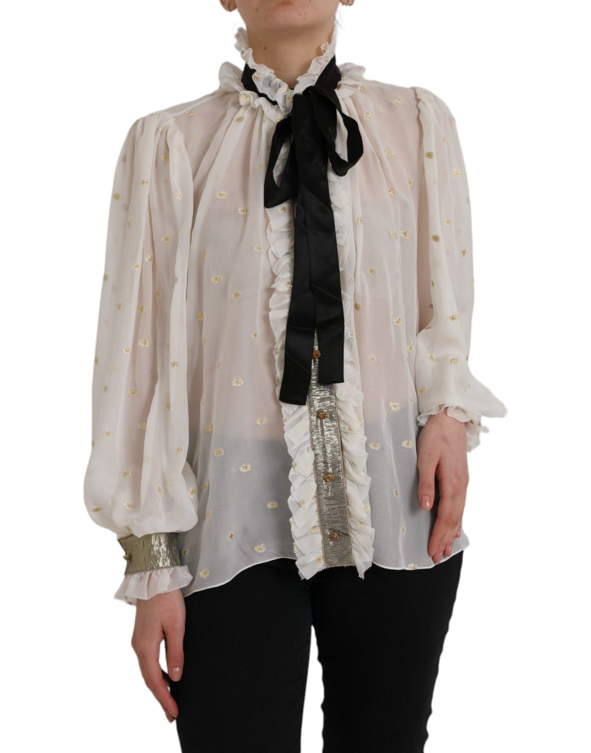 Dolce & Gabbana off white silk blend ascot collar blouse top displayed on a hanger with detailed fabric close-up.