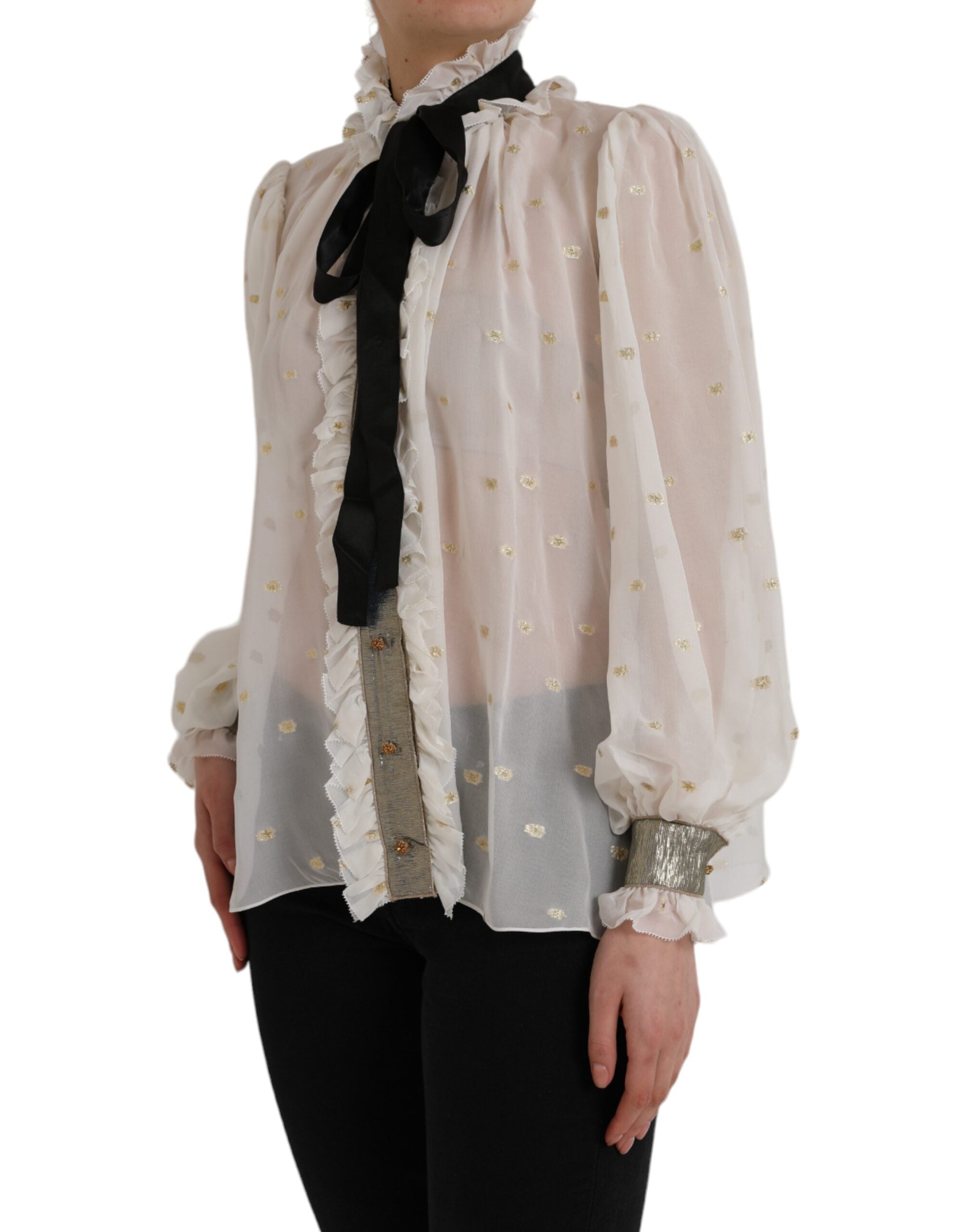 Dolce & Gabbana off-white silk blend ascot collar blouse top with elegant design and soft fabric.