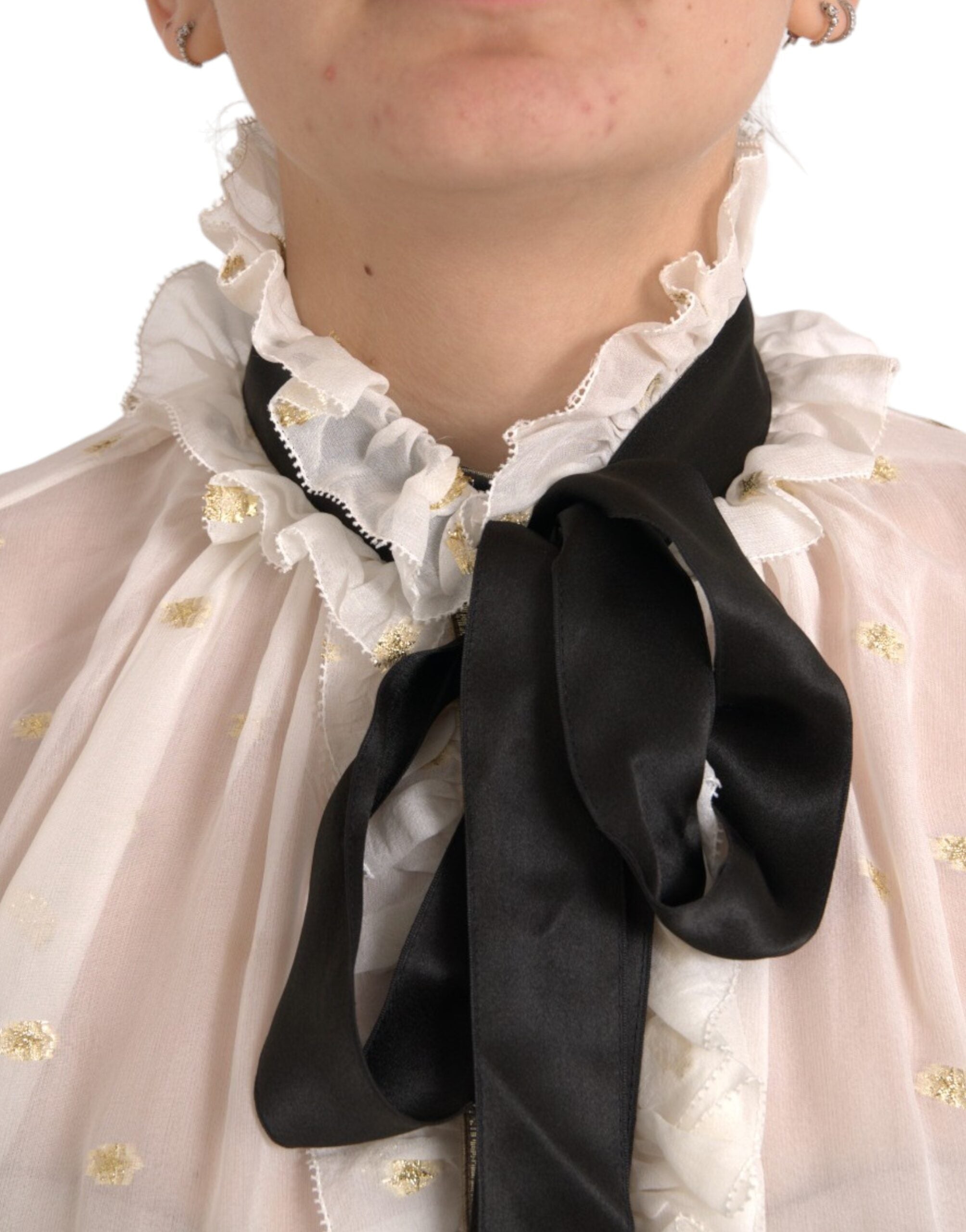 Dolce & Gabbana Off White silk blend ascot collar blouse top with elegant design and button detail.
