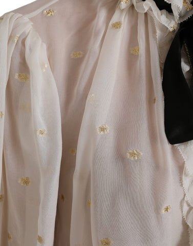 Dolce & Gabbana off white silk blend ascot collar blouse top with long sleeves and elegant design.