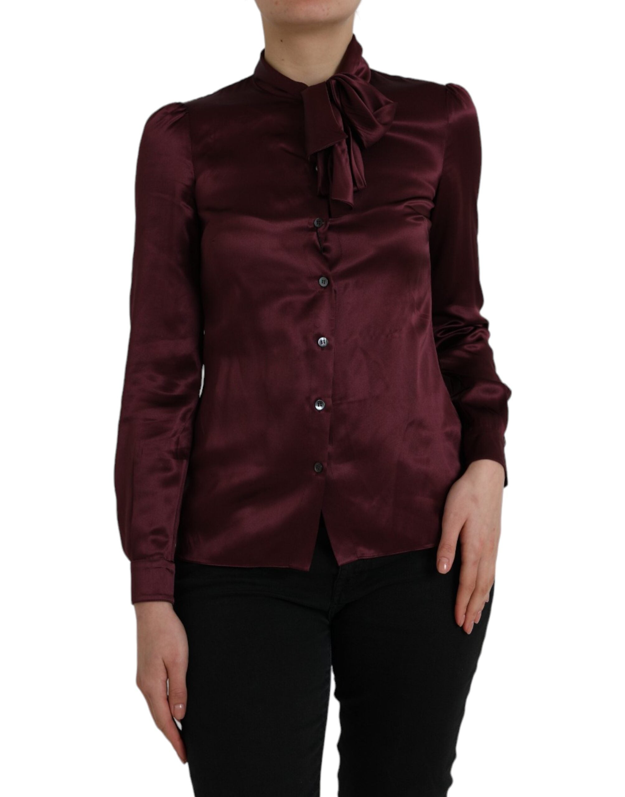 Maroon Dolce & Gabbana long sleeve blouse with ascot collar, stylish and elegant top with detailed design.