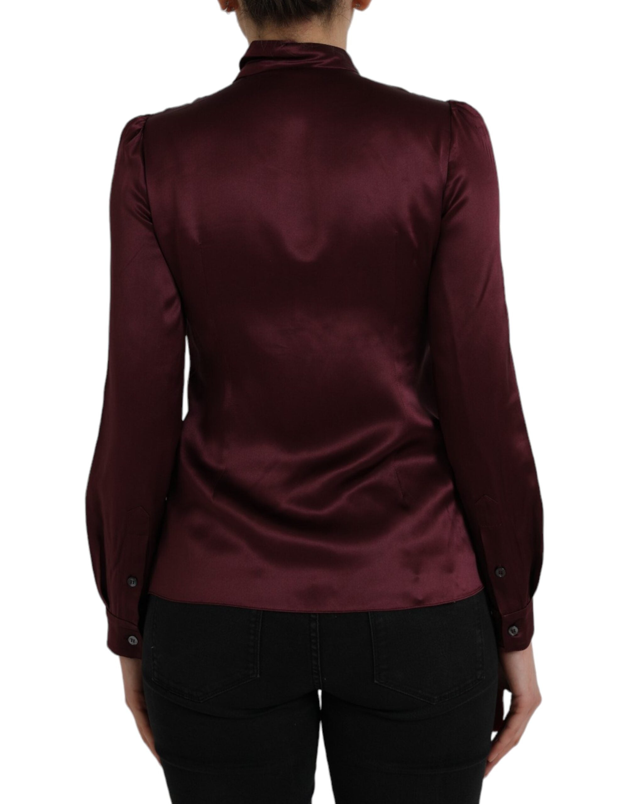 Maroon Dolce & Gabbana long sleeve blouse with ascot collar, stylish and elegant top, perfect for sophisticated fashion looks.