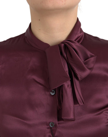 Maroon Dolce & Gabbana long sleeve blouse with ascot collar, stylish and elegant top, showcasing a sophisticated fashion look.