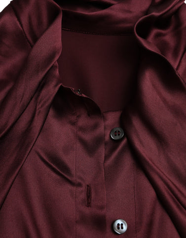 Maroon Dolce & Gabbana long sleeve blouse with ascot collar, stylish and elegant top featuring a sophisticated design.