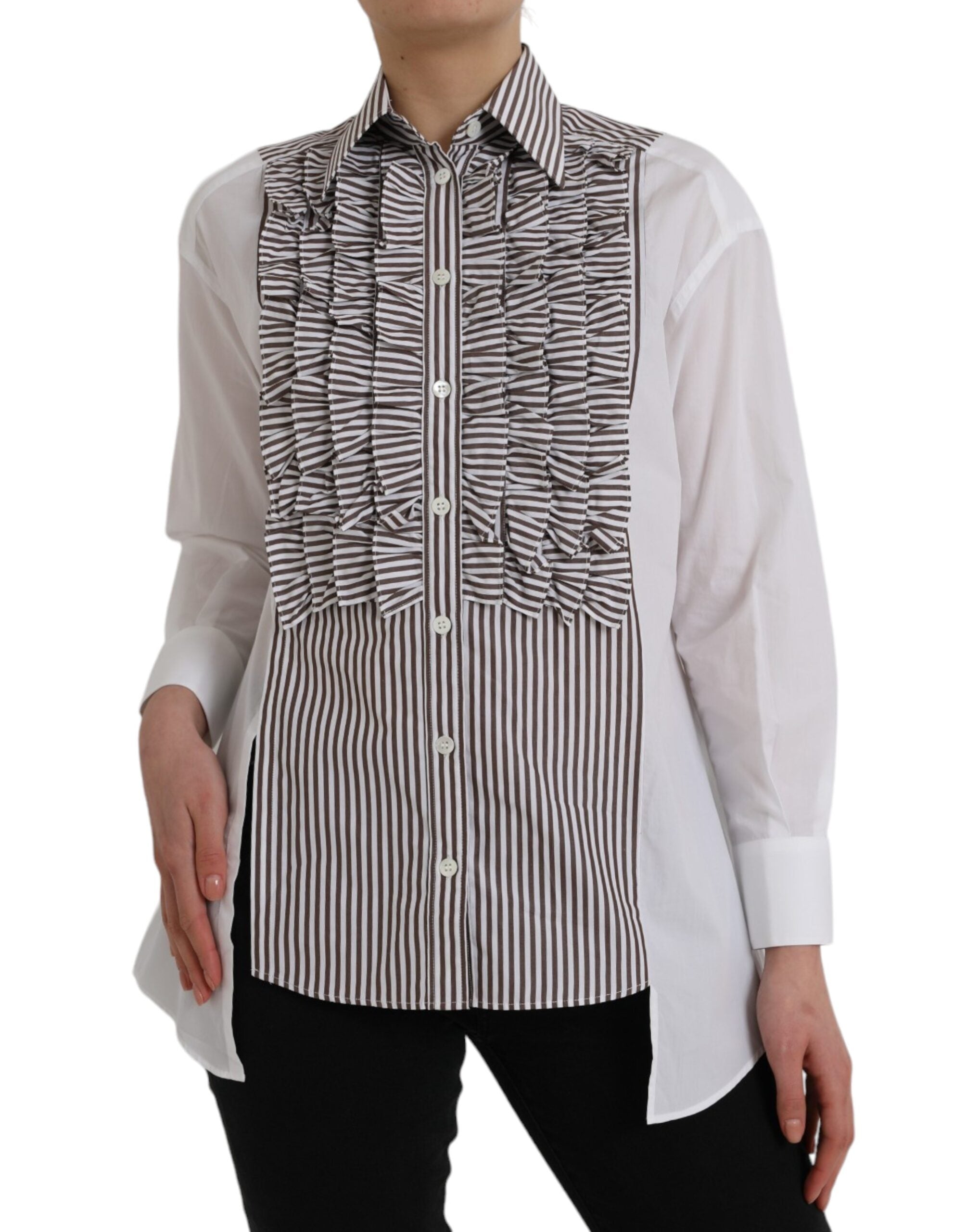 White cotton long sleeve top with ruffle collar featuring black stripes, by Dolce & Gabbana.