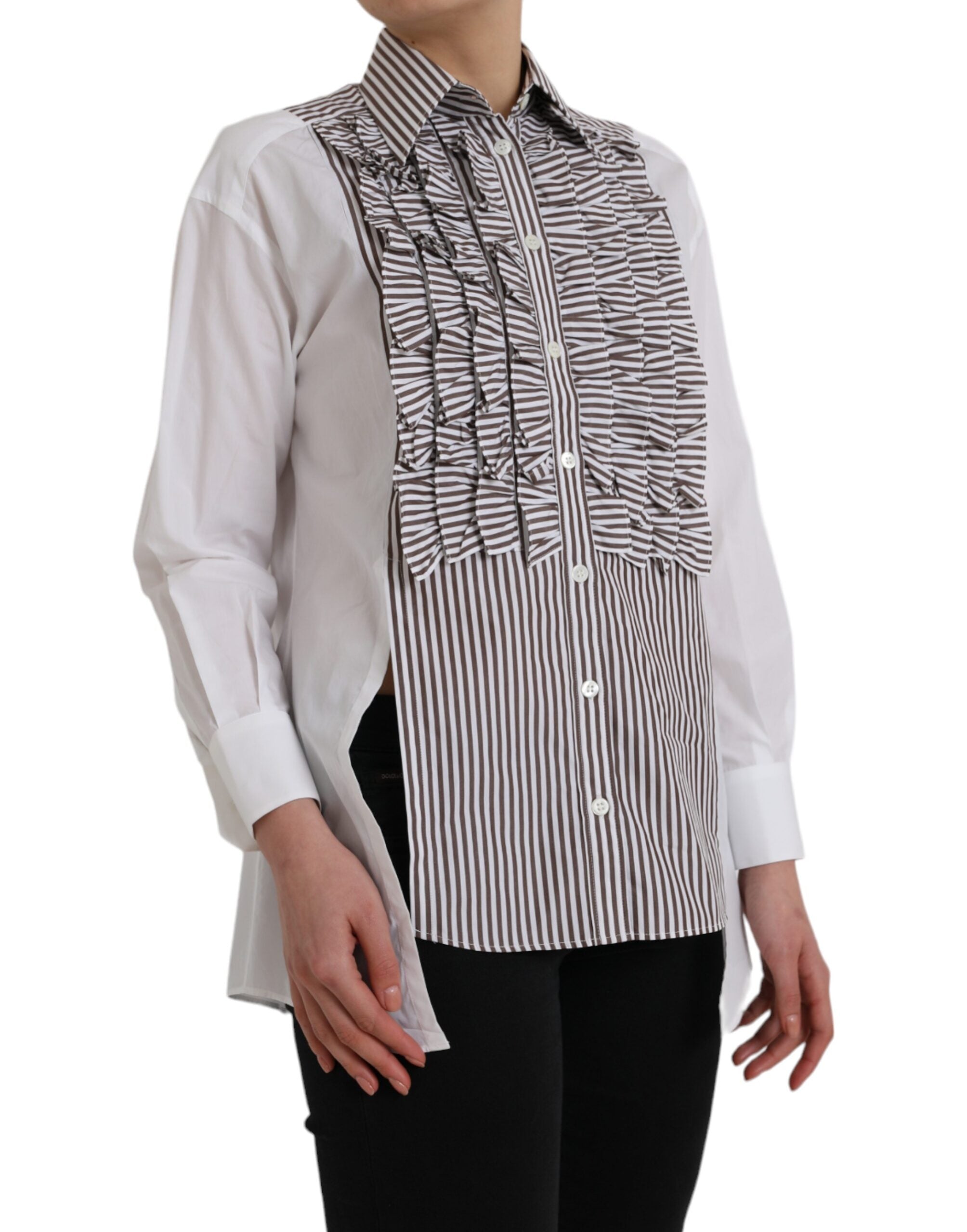 White cotton long sleeve top with ruffle collar and black stripe details by Dolce & Gabbana