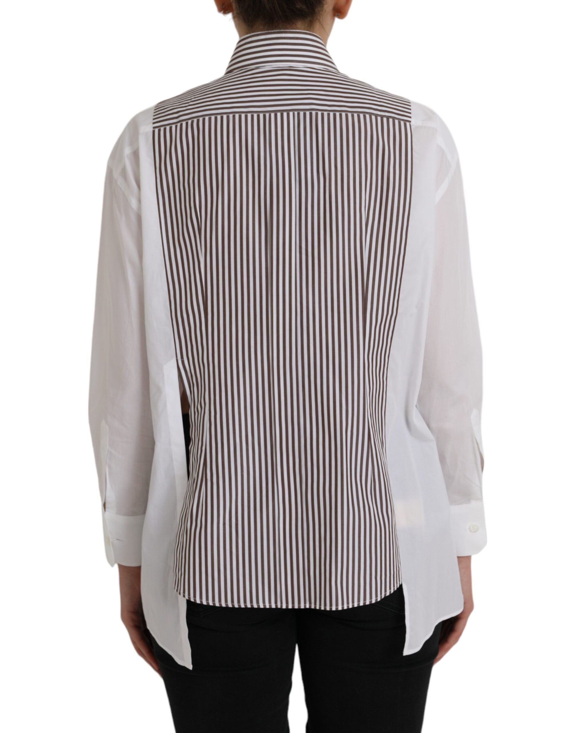 White cotton long sleeve top with ruffle collar and red stripe details, by Dolce & Gabbana.